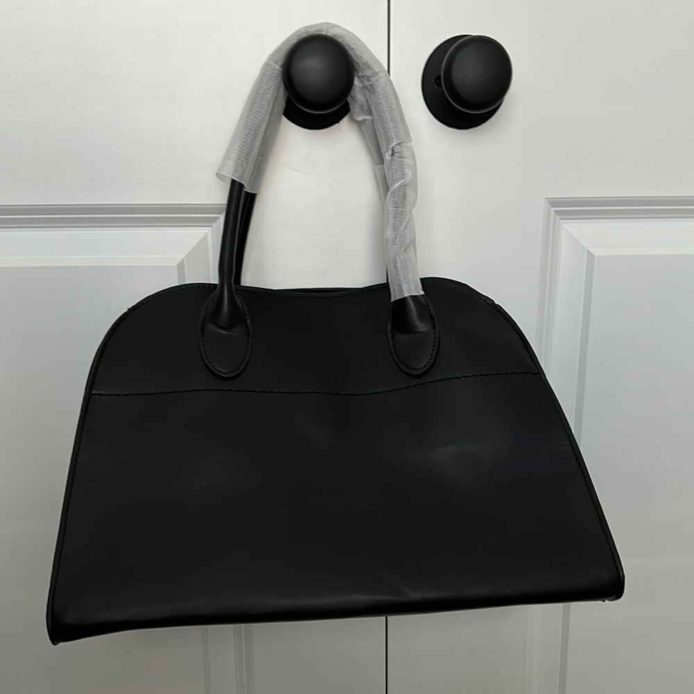 Black Faux Leather Handbag with Side Buckle Detail